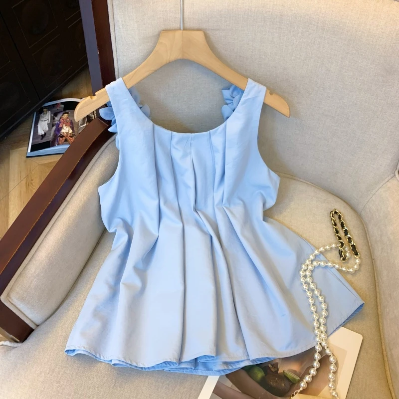 SM潮流法式重工气质花朵时尚吊带T恤秋季宽松短款露背百搭衫女