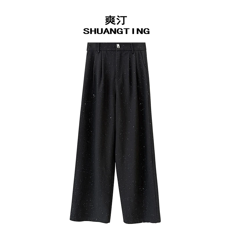 Jokara/丘可儿【星闪裤】亮钻垂感高腰休闲裤阔腿长裤宽松黑色直筒