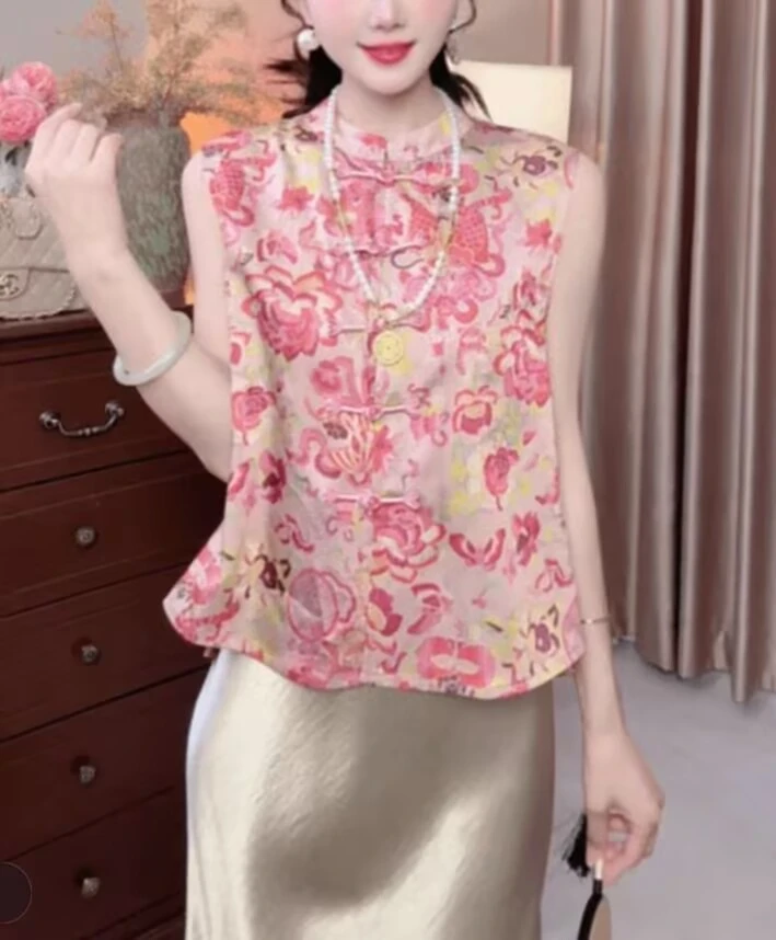 2025新中式国风无袖印花马甲夏季新款马夹