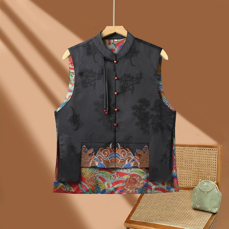 新款双面双穿秋季背心重工国风中式立领提花绣花复古百搭气质马甲
