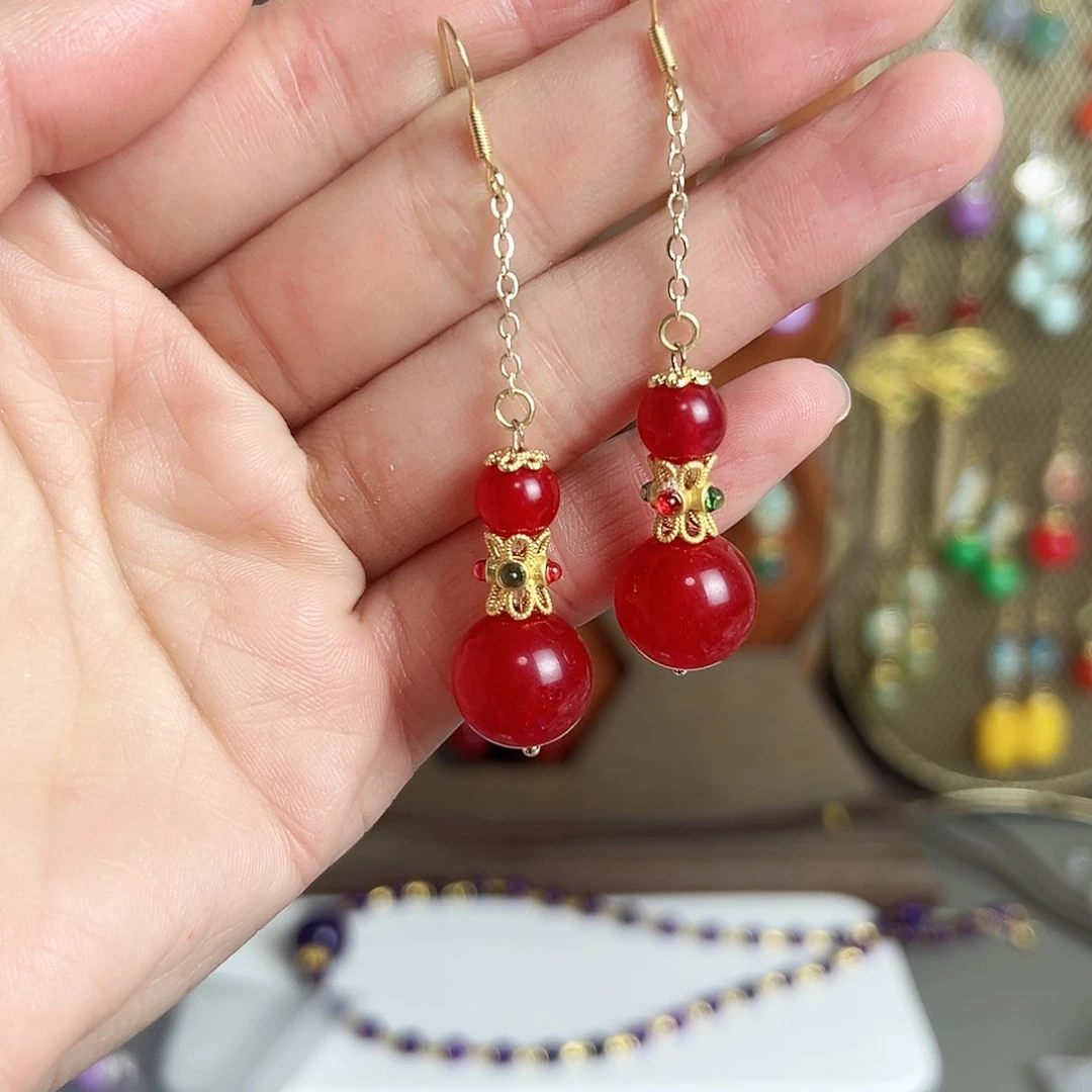 银S925镶嵌耳钉玛瑙/玉髓红色