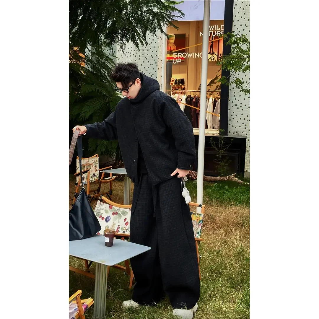 秋冬新品小众高级感羊毛格子棉服夹克套装男复古宽松百搭外套长裤