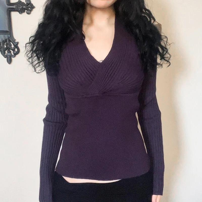 欧美纯色V领低胸交叉设计感修身毛衣女基础内搭打底休闲毛织上衣