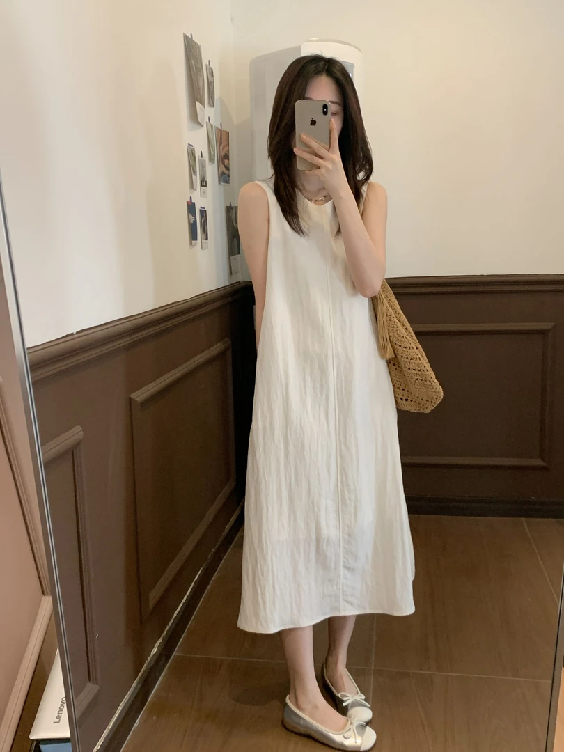 【Niche Young】气质法式宽松中长款无袖纯色设计感连衣裙 CX20259