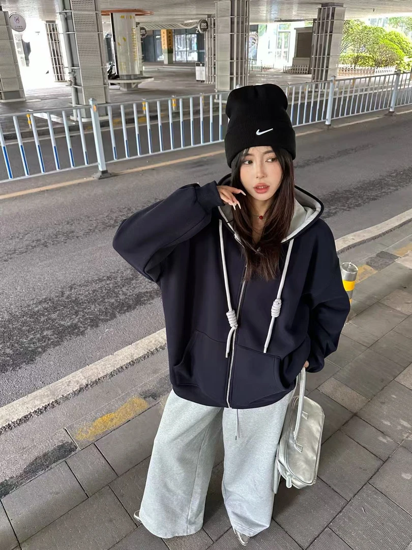 0461【冬季新款】净版宽松大帽绳连帽拉链加绒外套（6087）
