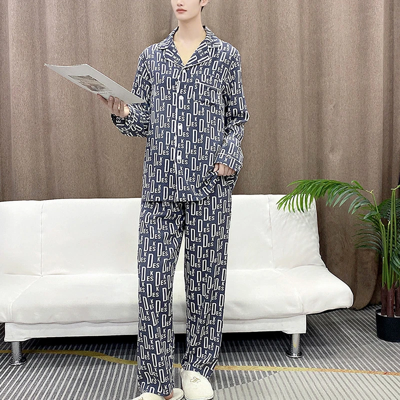 长袖棉绸睡衣男士开衫春秋夏季凉感家居服中老年爸爸薄款套装Y164