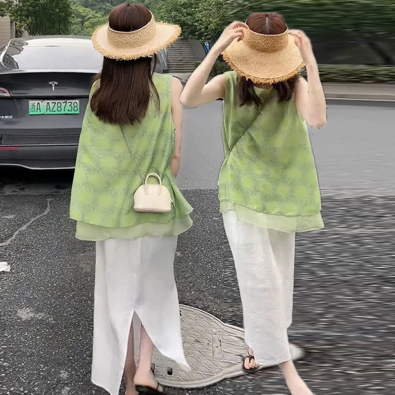 夏日绝美套装裙ootd穿搭复古无袖设计感衬衫高腰显瘦半身裙两件套