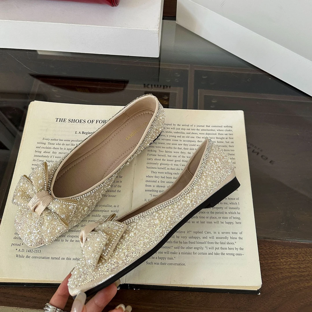 夏季新款法式小众水钻蝴蝶结单鞋方头时尚软底百搭休闲通勤单鞋女