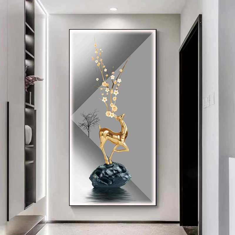 【金鹿踏石】进门入户玄关装饰画现代轻奢高档挂画简约走廊过道壁画