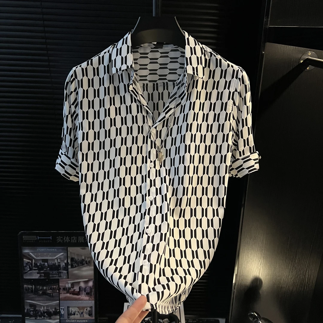 高定气质H-花衬衫男款短袖高级感炸街男装夏季薄款冰丝潮牌七分袖