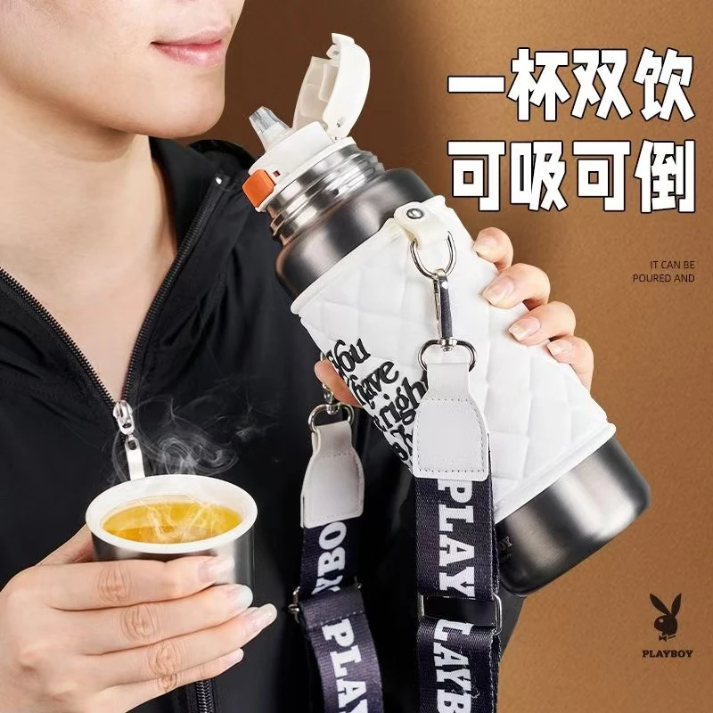 花花公子保温杯大容量水杯女士便携带盖杯套双饮口学生户外出杯子