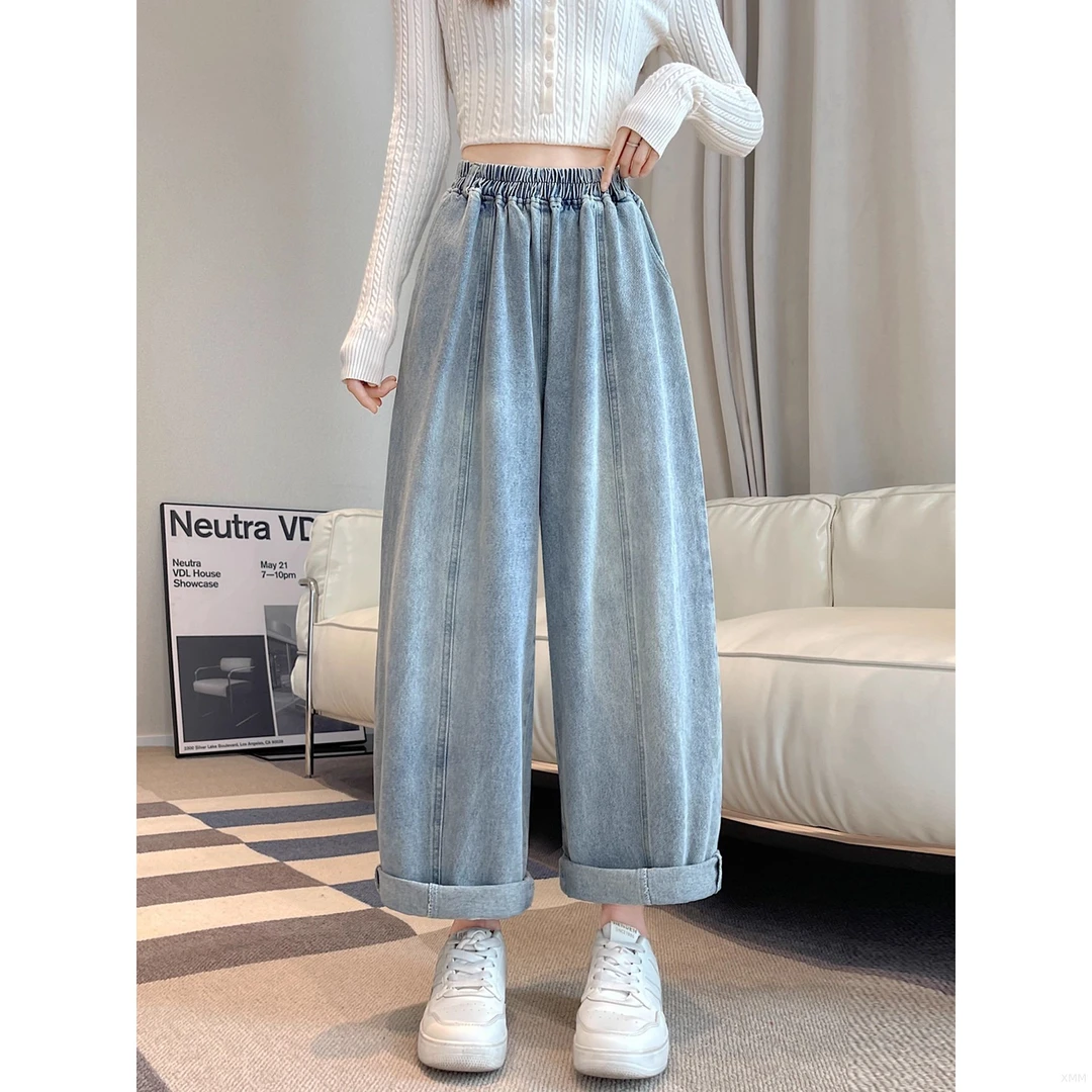 爱依服【正品撤柜】美式蓝色牛仔阔腿裤女秋冬小个子高腰显瘦宽松百