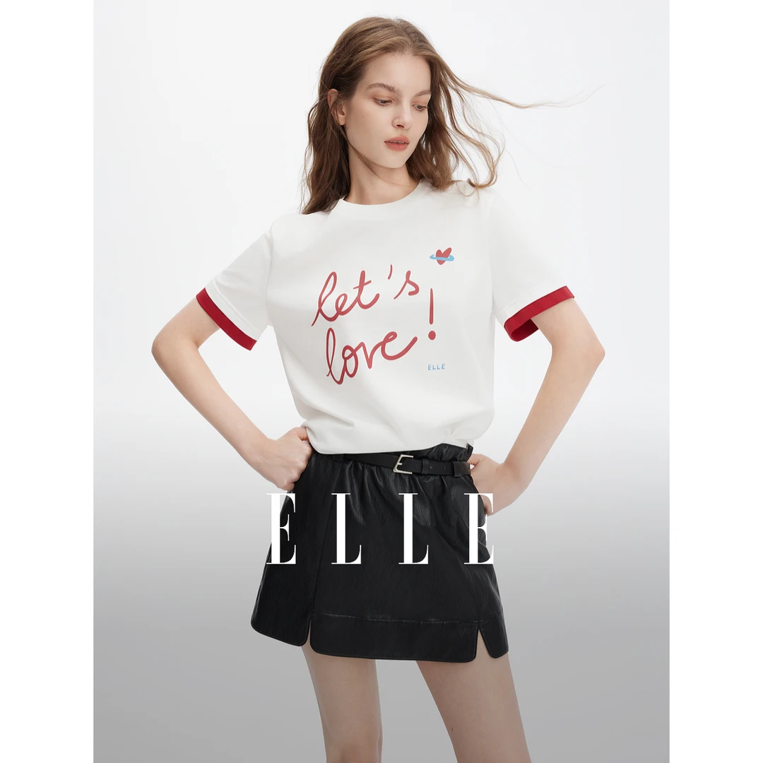 ELLE女装撞色印花短袖2025秋季新款正肩休闲小众通勤T恤ET51988