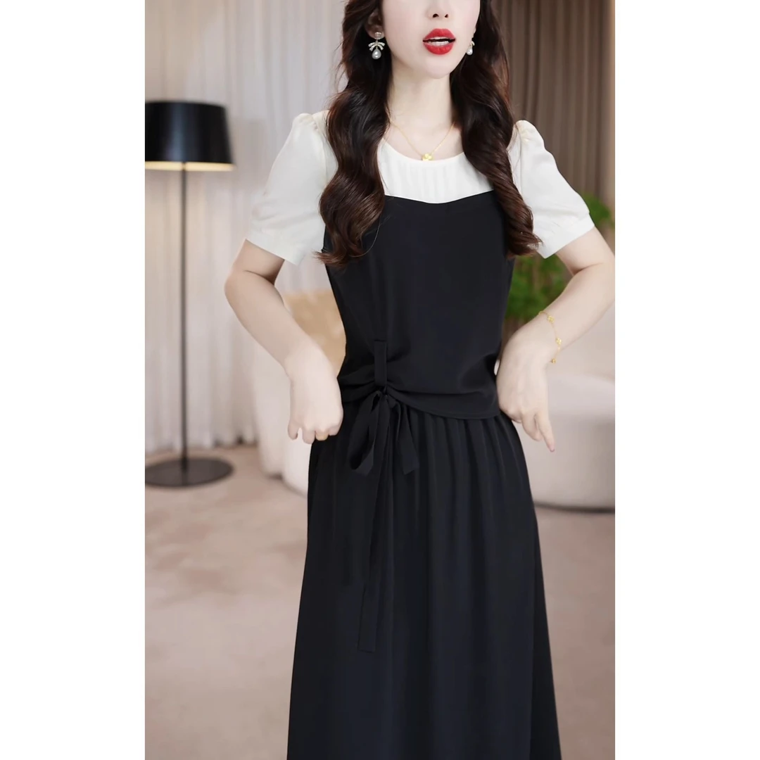 时尚拼接收腰假两件圆领慵懒风连衣裙夏季新款2025显瘦法式长裙