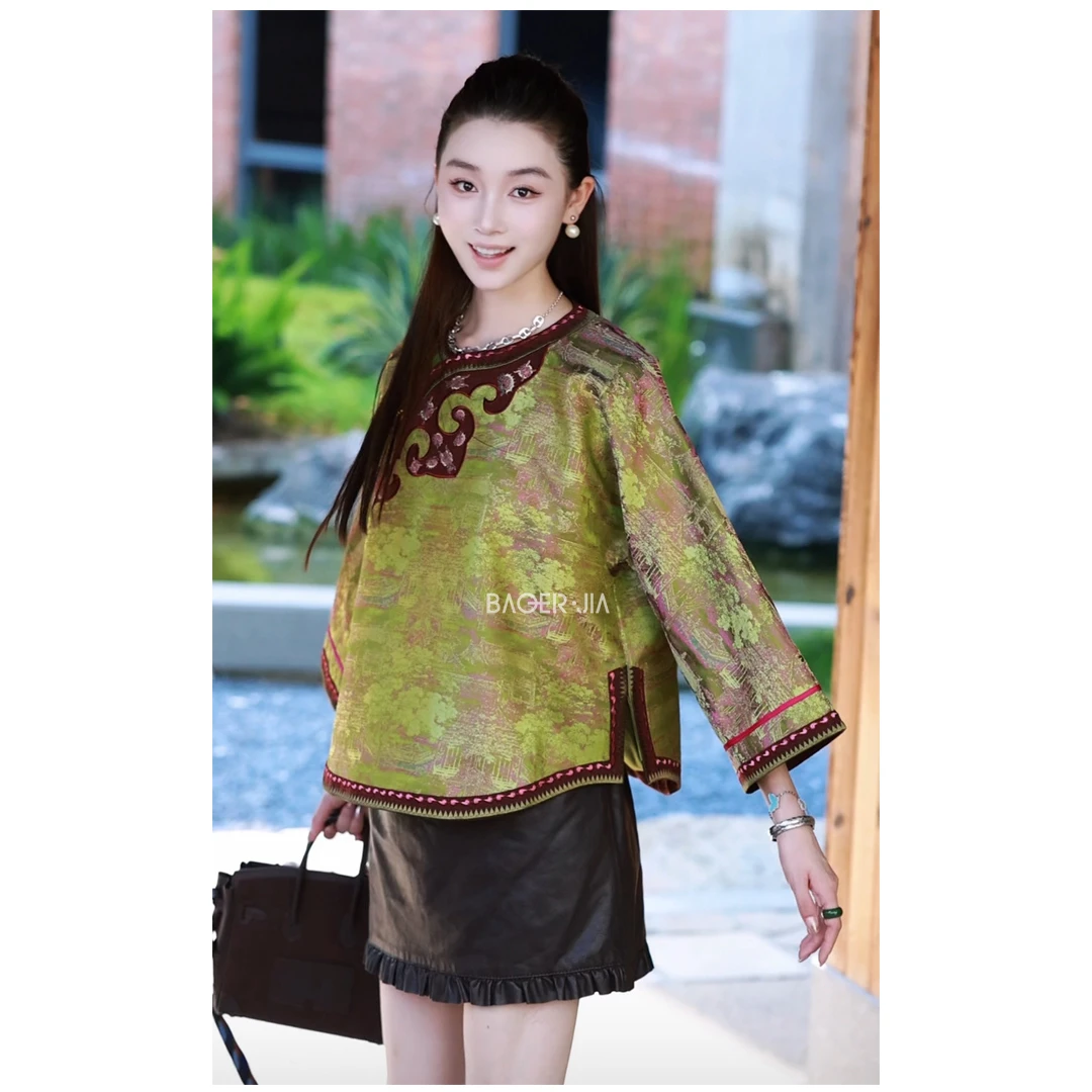 国潮-宝儿家含幂BK303425308新中式三星堆亭台楼阁拼接龟纹上衣