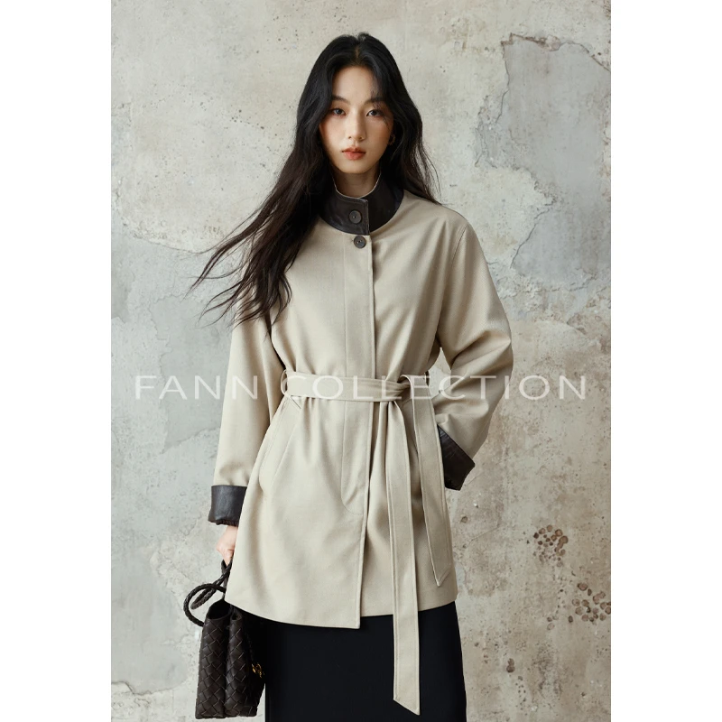 饭饭FANN COLLECTION 秋枫 天丝羊毛设计款撞色风衣FANND069