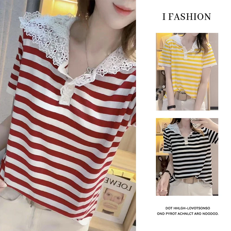 高含棉法式简约蕾丝拼接连帽短袖t恤女2025夏季新款宽松显瘦上衣