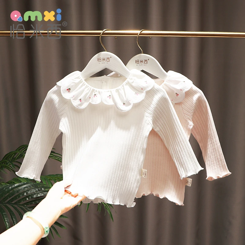 2025秋季女童荷叶领打底衫宝宝洋气白色长袖T恤公主春秋上衣韩版