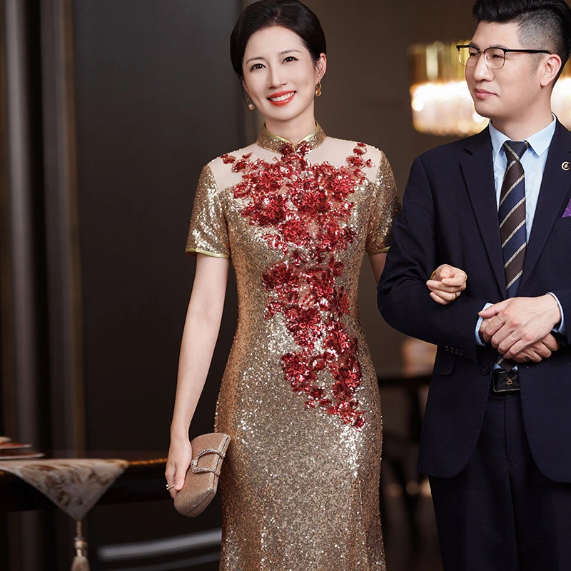 5970新中式旗袍裙高贵年轻结婚喜婆婆婚宴礼服高端婚宴装减龄订婚