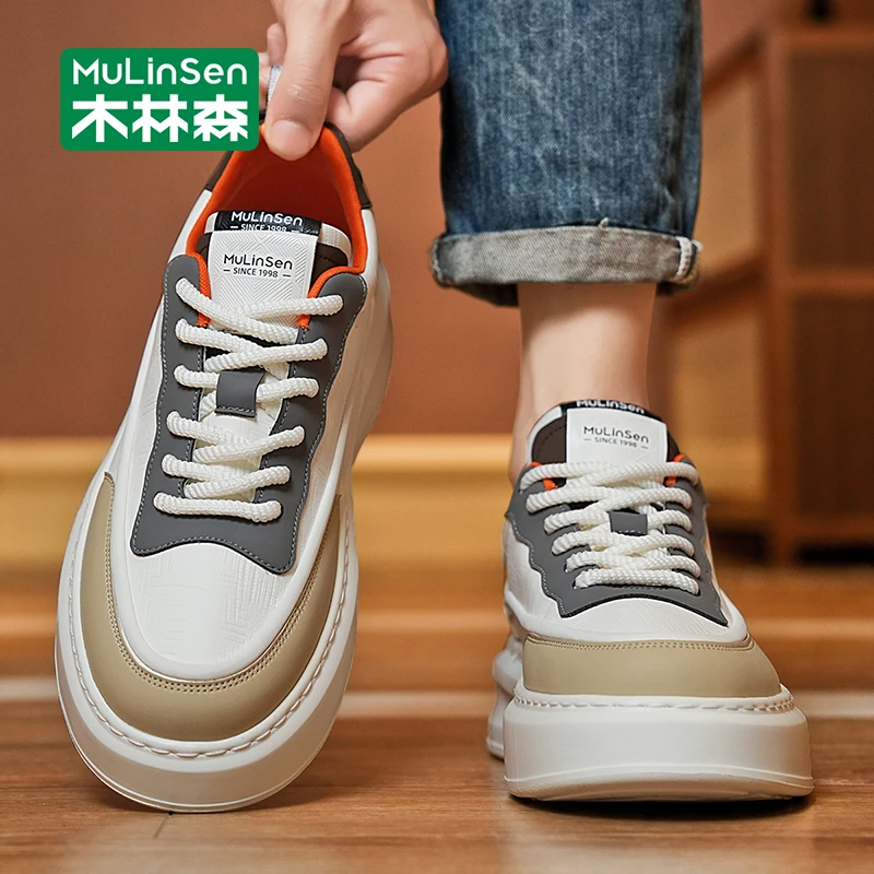 木林森上班通勤男鞋秋季爆款百搭运动休闲板鞋男增高软底小白潮鞋