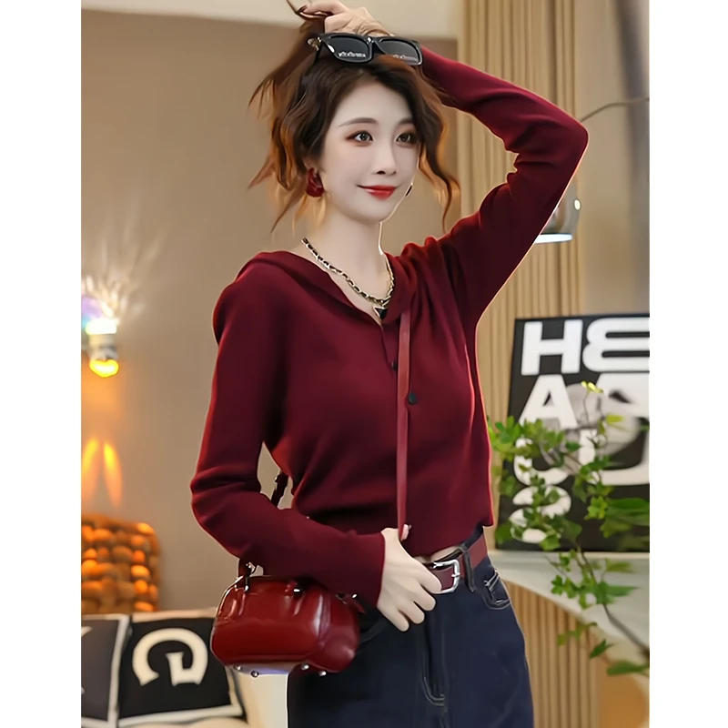 安哥拉红色连帽针织衫女装2025新款欧货时尚气质百搭短款打底上衣