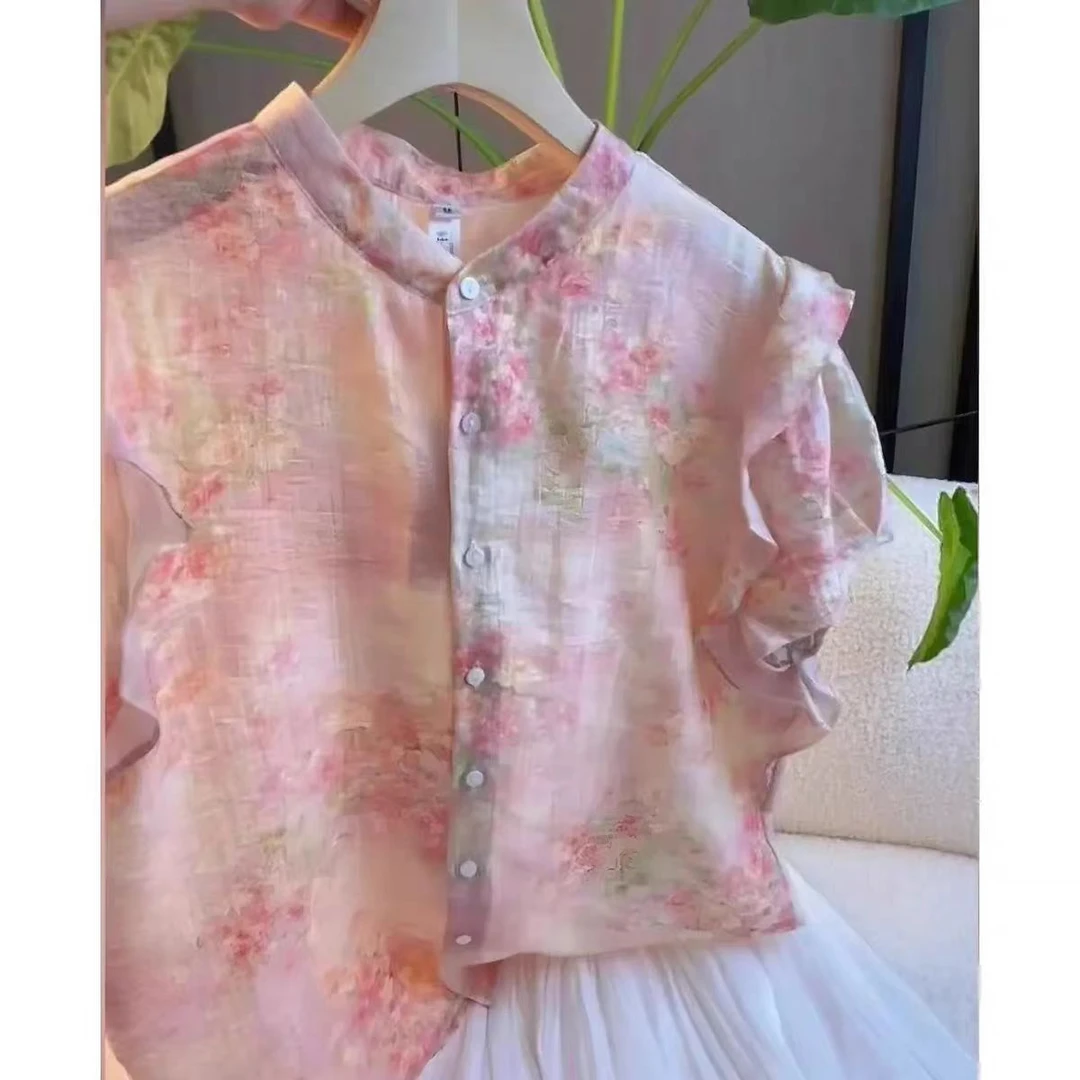 9315短袖衬衫女2025夏季新款韩版宽松碎花洋气时尚舒适上衣