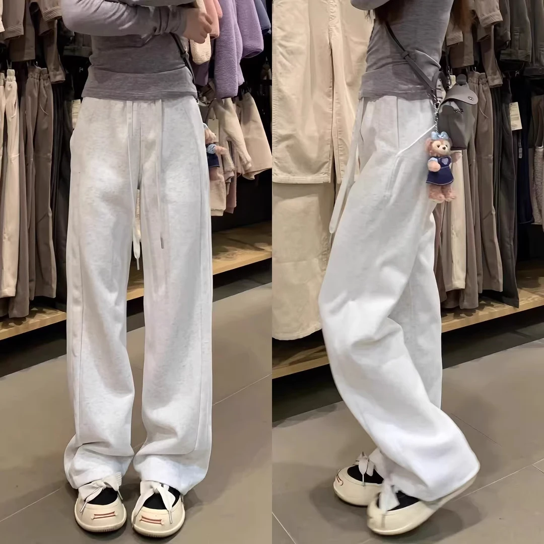 白灰色lulu运动裤女2025新款高腰小个子休闲春秋季直筒裤阔腿卫裤