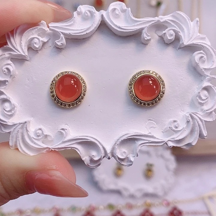 南红玛瑙耳饰银S925镀金镶嵌