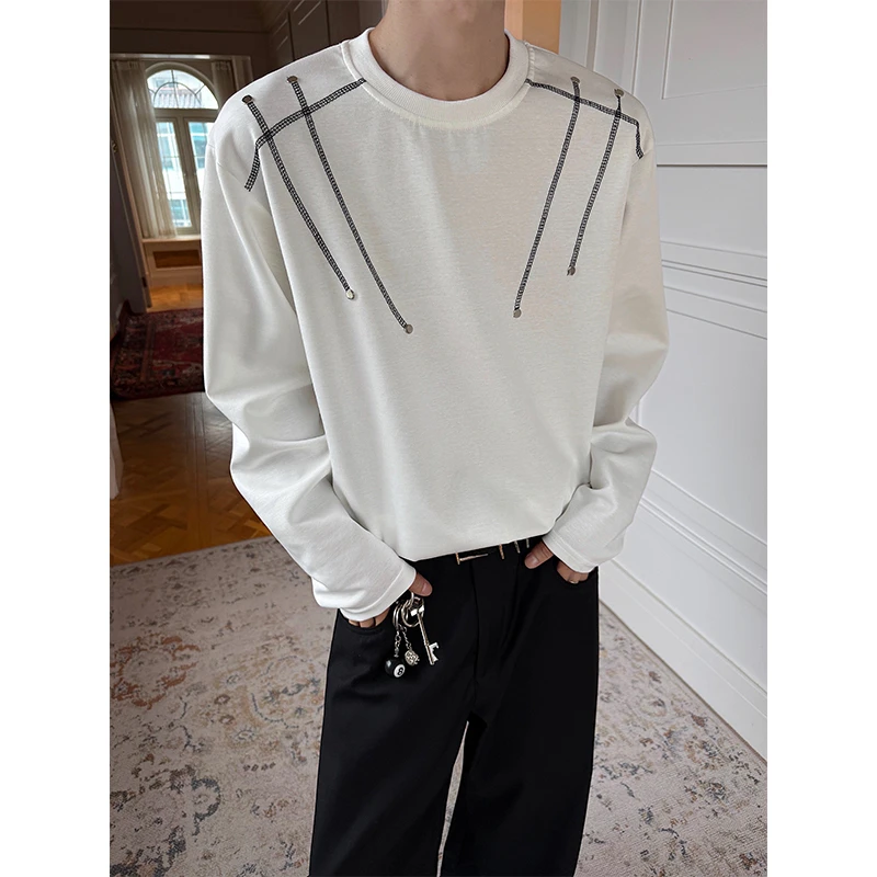 黑色明辑线设计长袖t恤男春秋小领口cleanfit打底衫美式潮牌卫衣