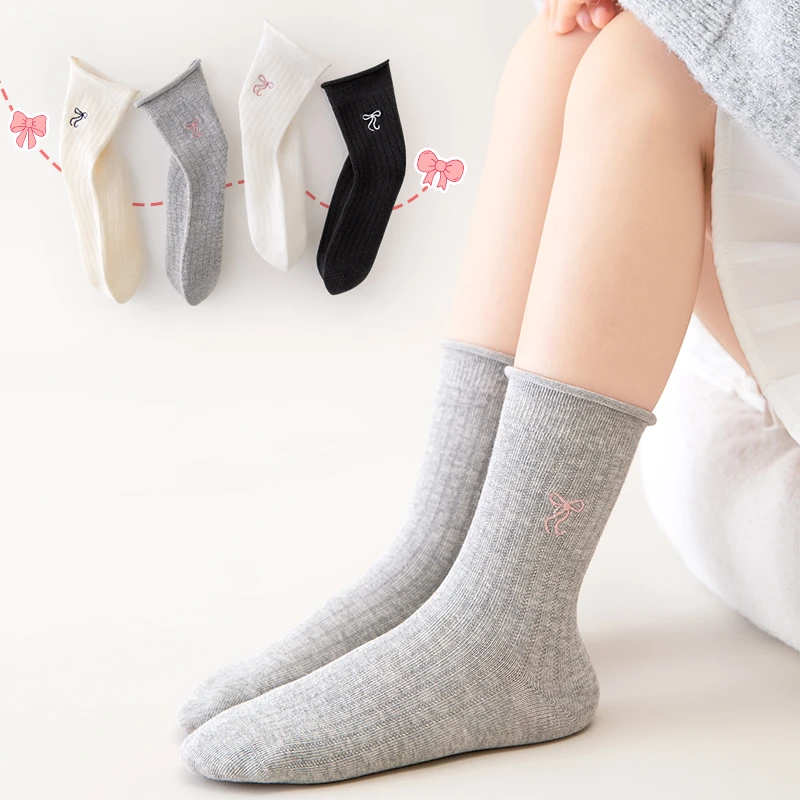 女童袜子春秋薄款卷边蝴蝶结堆堆袜女童夏季棉袜网眼学生袜子防臭