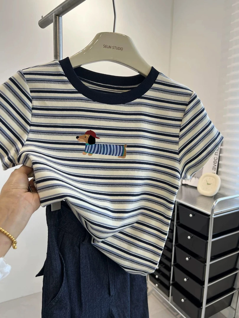 撞色设计感美式复古chic条纹T恤女夏季减龄修身打底上衣正肩短袖