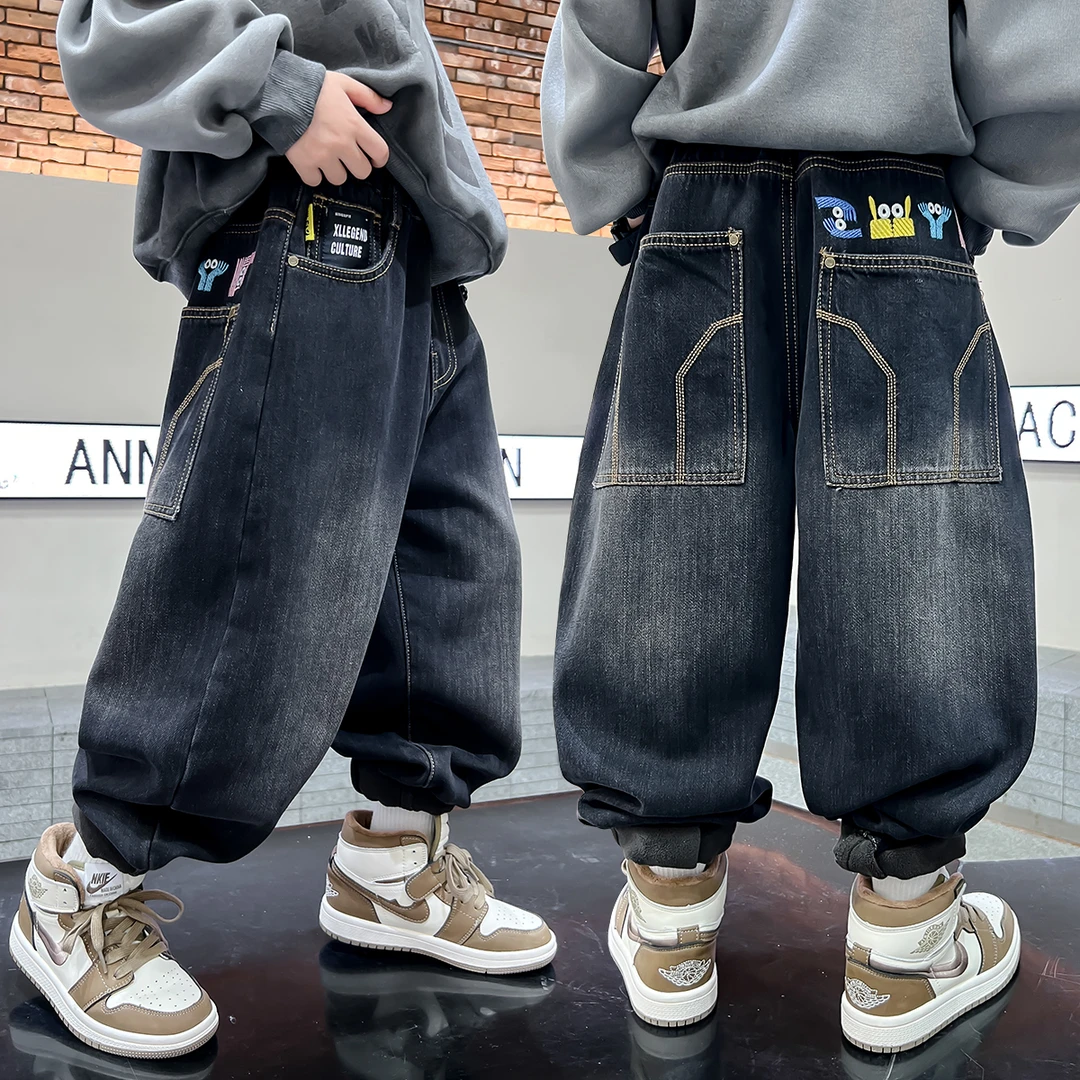 铅笔魔法男童加绒裤子儿童2024新款中大童一体绒中筒牛仔裤017款