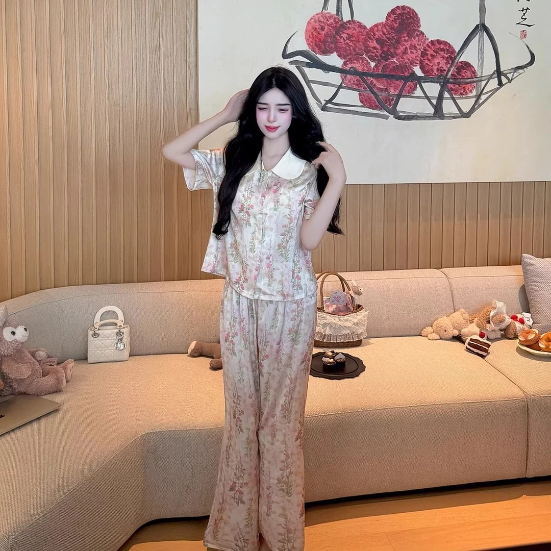 吉伦略索春夏冰丝短袖三件套甜美娃娃领碎花睡衣女舒适家居服套装