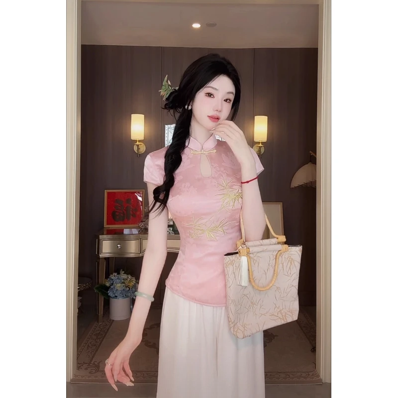 【雅乔定制】桃林金竹 新中式暗纹提花中国风刺绣上衣DYYY-25025782