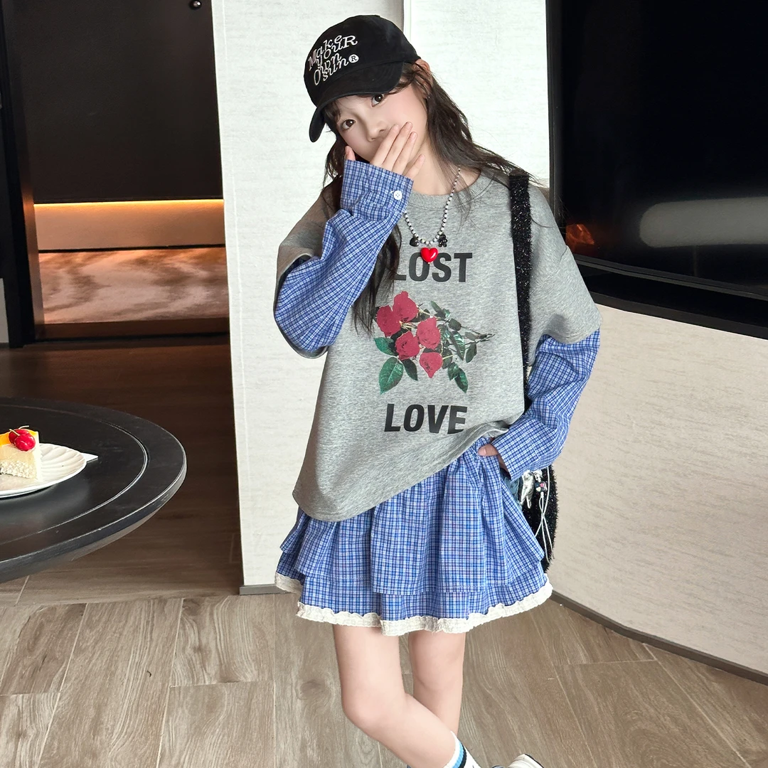 女童春秋款卫衣套装2025新款大童韩版假两件圆领衫儿童格子百褶裙