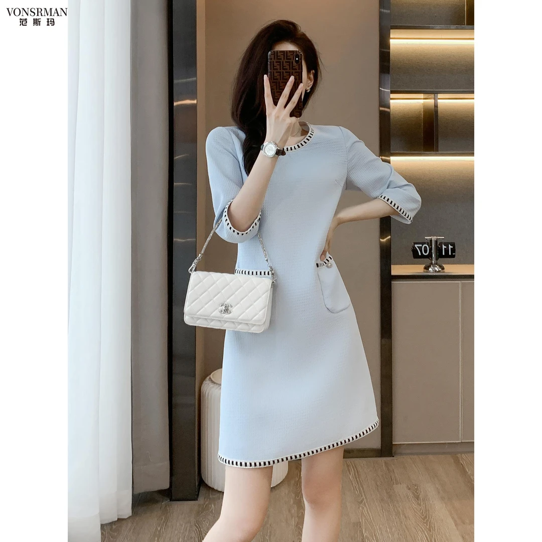 高级感小香风连衣裙女2025新款显瘦气质通勤A字裙七分袖职业装裙a