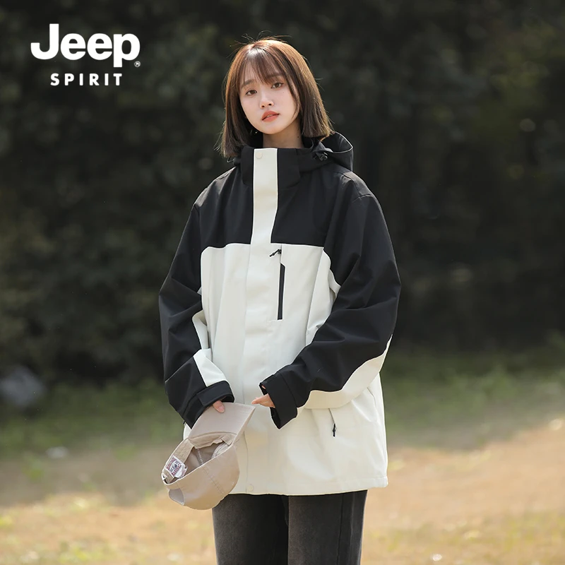 JEEPSPIRIT吉普防风连帽春秋季冲锋衣2025新款上衣工装情侣款外套