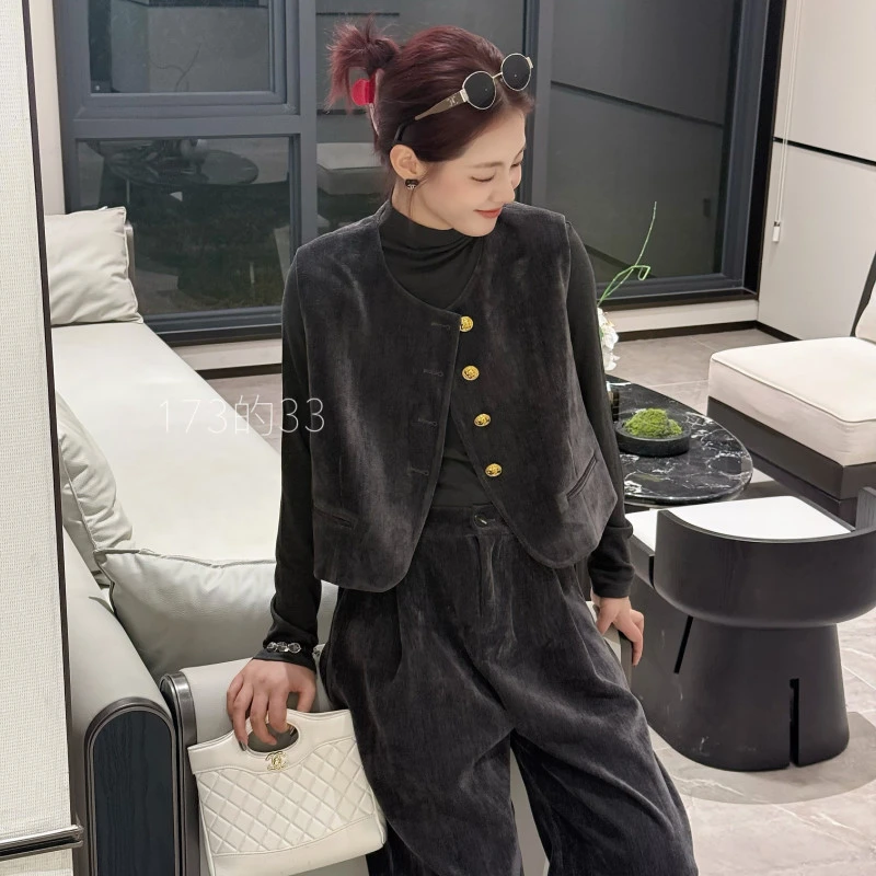 开秋套装女设计感轻熟风圆领马甲长裤三件套灰色时尚套装