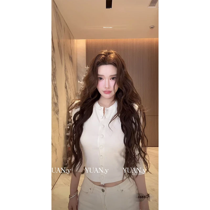 媛媛【扣子打底】纽扣内搭长袖T恤女纯欲风辣妹修身打底上衣#D1083