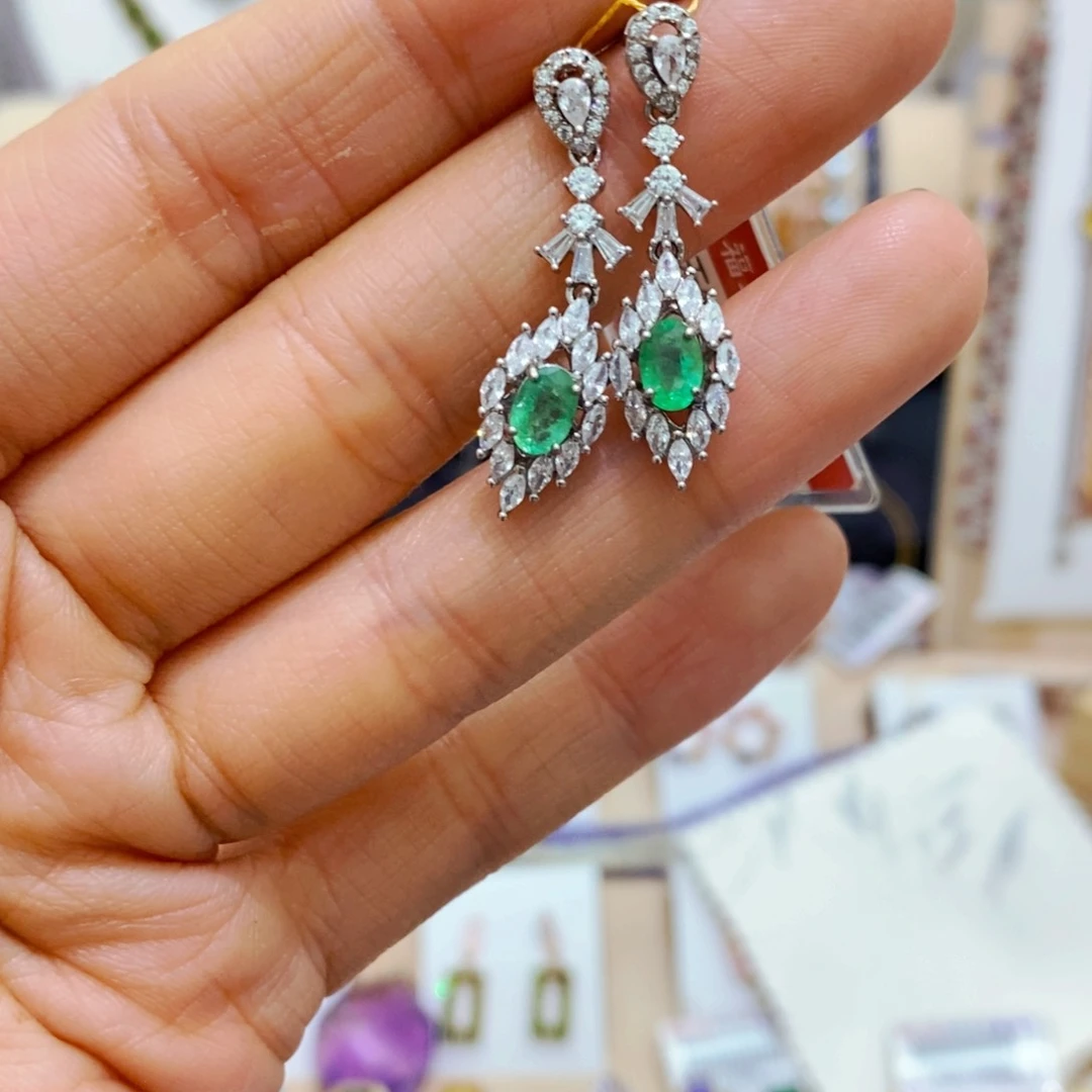 祖母绿耳饰银S925镶嵌