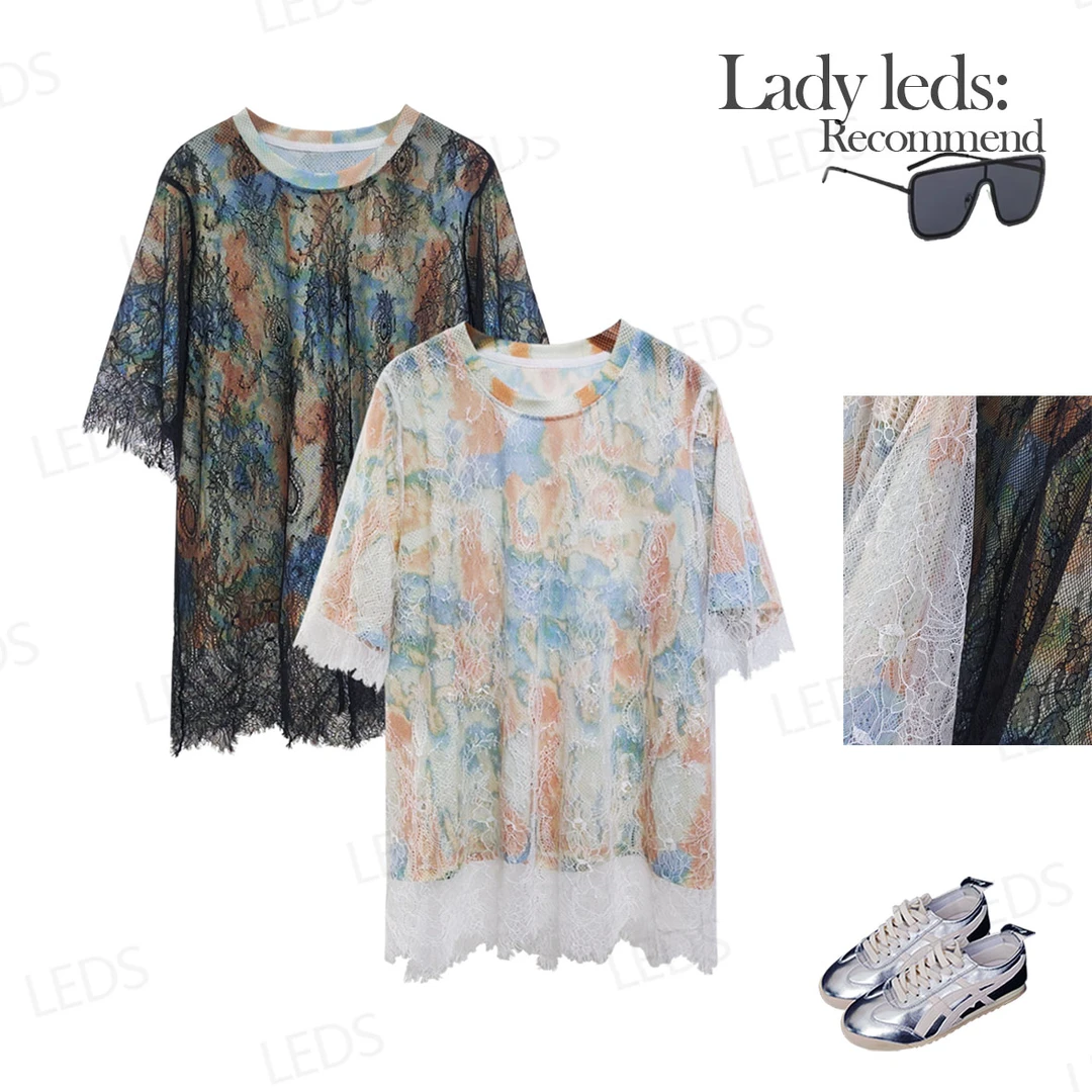 LEDS 81151蕾丝风情*夏季斑斓花纹邂逅细腻蕾丝休闲风上衣T恤