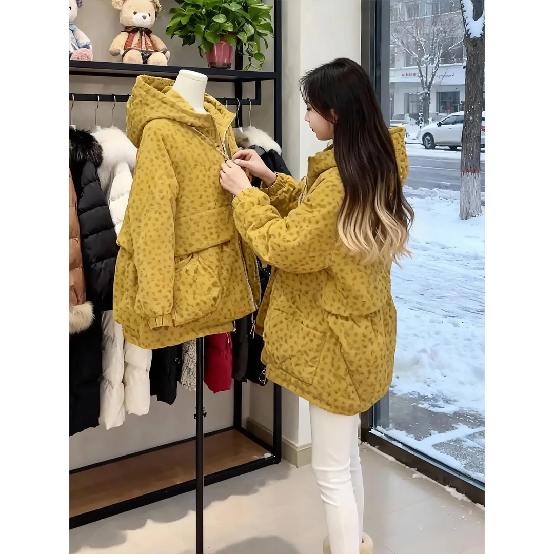 轻奢设计感慵懒风连帽棉服外套女2025秋冬新款减龄碎花宽松棉衣