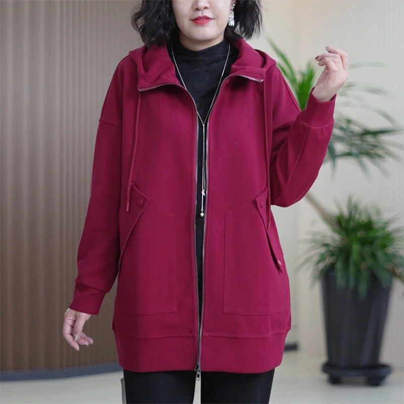 高密蜂窝珠地棉连帽外套时尚挺括有型大码显瘦秋季中长款风衣女潮