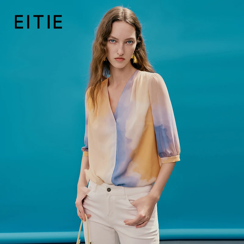 EITIE爱特爱夏季新款时尚个性扎染撞色印花衬衫上衣女7413121