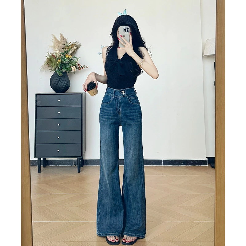 乔栈复古深蓝设计感不贴腿微喇牛仔裤女秋季新款高腰提臀显瘦喇叭