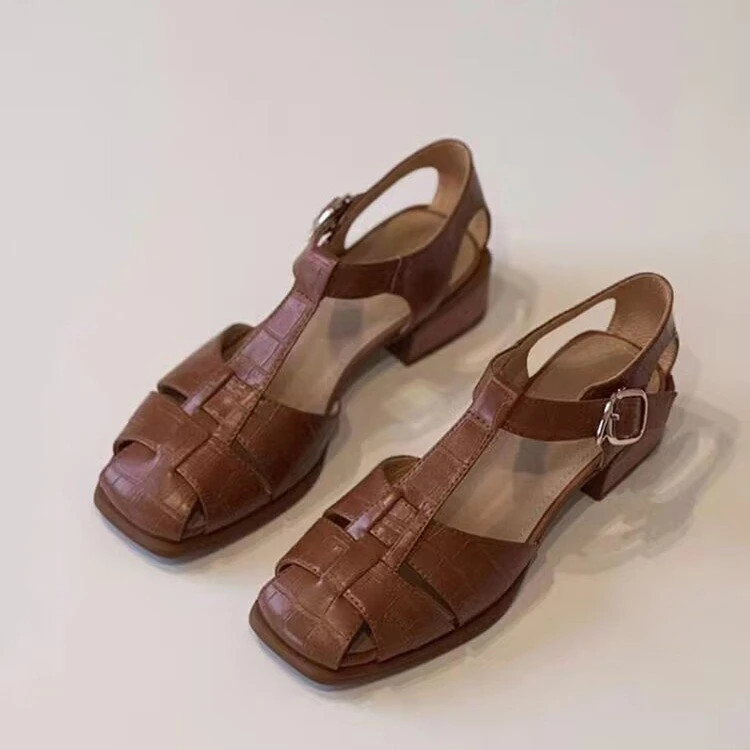 羊皮版~法式休闲编织镂空真皮凉鞋女复古粗跟猪笼鞋度假风罗马鞋