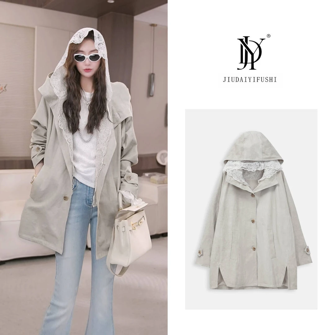 玖黛衣现货【纽约街头】简约百搭时尚宽松蕾丝帽短外套 WTJ38279