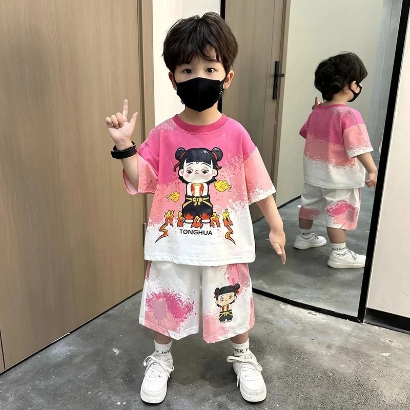 哪吒衣服男童夏季套装2025新款洋气女宝宝时髦男孩短袖短裤两件套