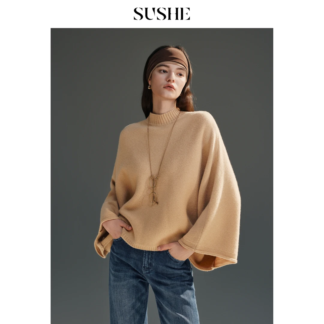 束皙SUSHE 柔韫 法式慵懒 100羊毛后领纽扣半开襟连肩袖针织毛衣