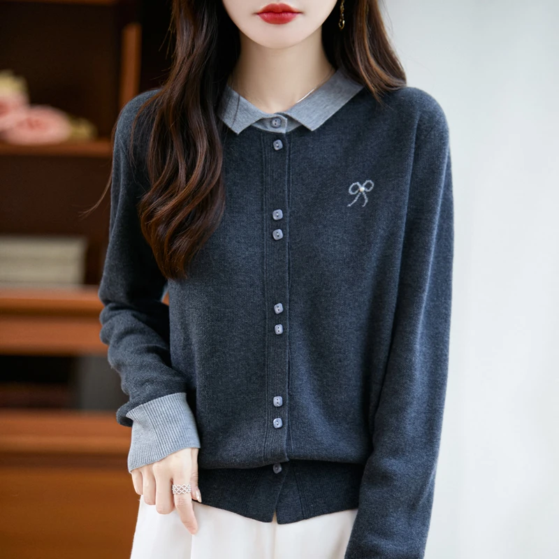 品牌女装新款女装翻领蝴蝶结宽松上衣女士毛针织开衫女百搭